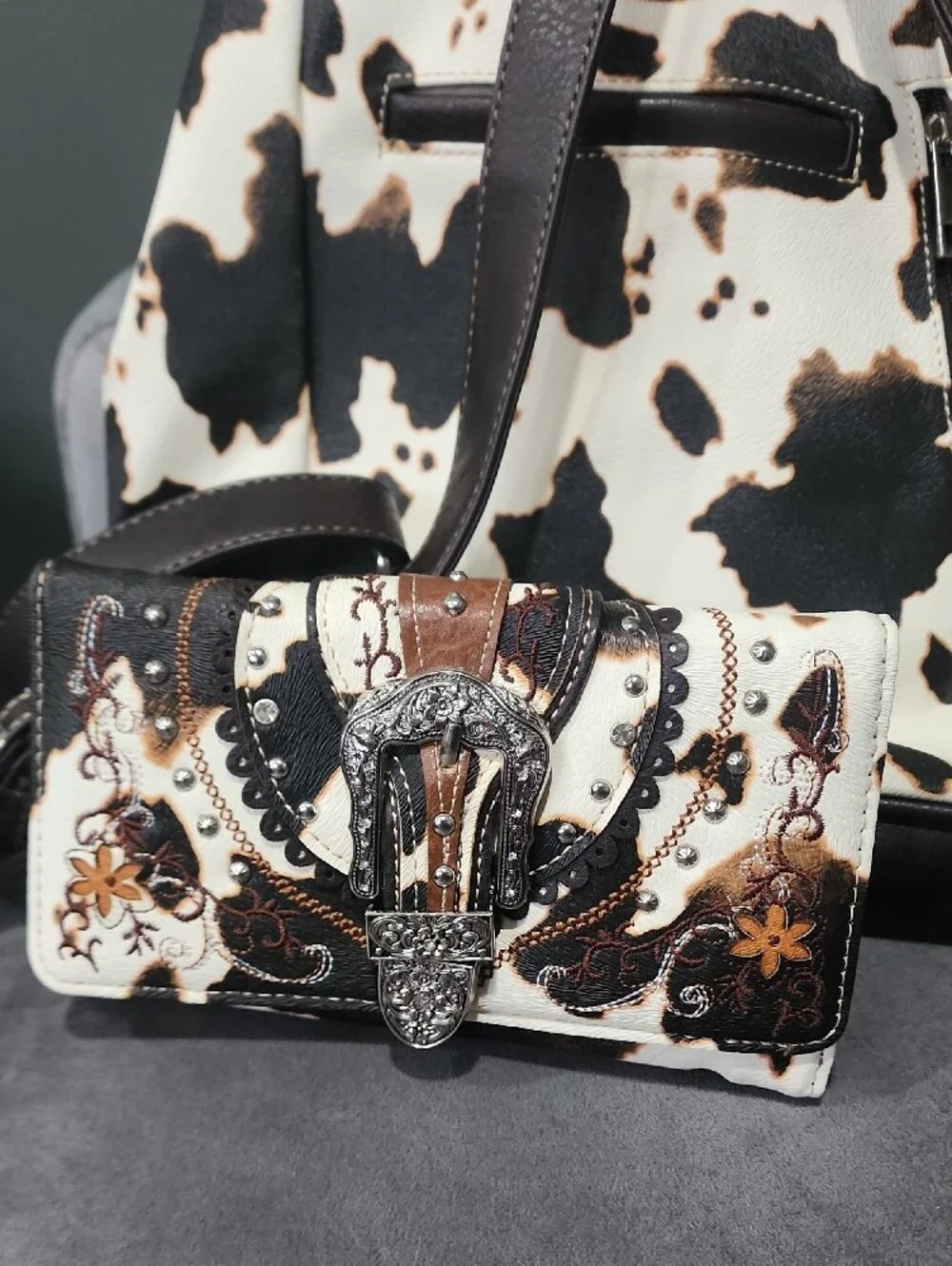 Cow Print & Brown  Western Buckle Backpack - Unbranded